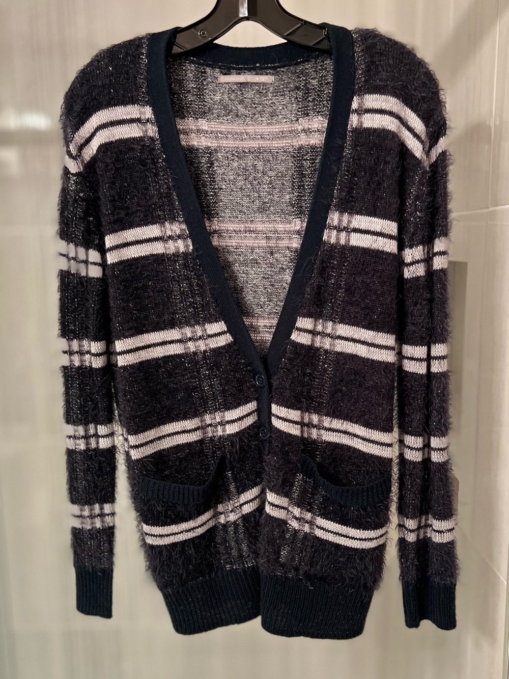 Rubbish Fuzzy Striped Button Front Cardigan Sweater Dark Navy Blue White
